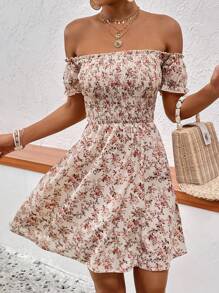 SHEIN VCAY 滿版印花一字肩連衣裙 - 杏色 - 查看 4