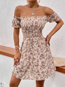 SHEIN VCAY 滿版印花一字肩連衣裙 - 杏色 - 查看 6