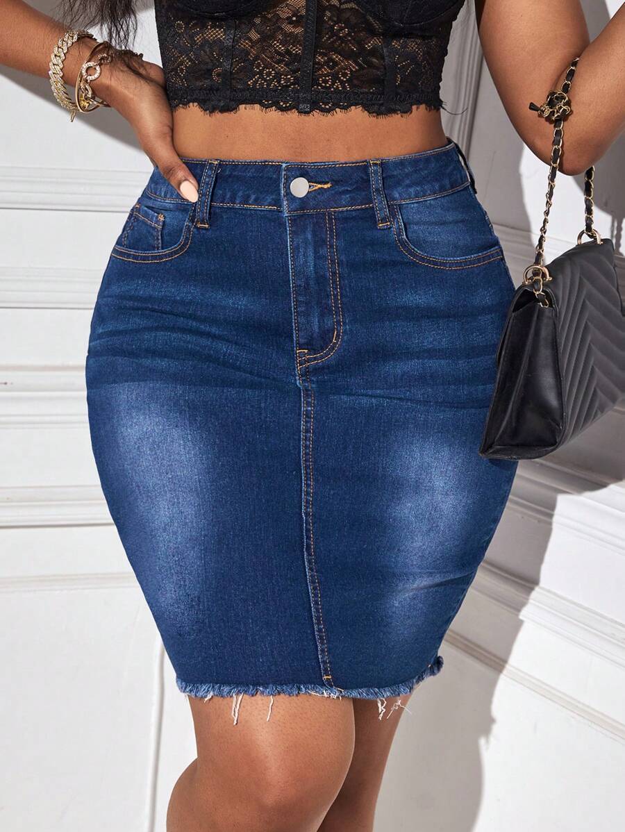 SHEIN SXY 毛邊牛仔半身裙 - 深色水洗藍 - 查看 1