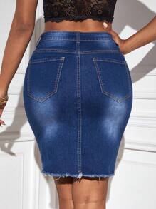 SHEIN SXY 毛邊牛仔半身裙 - 深色水洗藍 - 查看 2