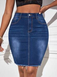 SHEIN SXY 毛邊牛仔半身裙 - 深色水洗藍 - 查看 3