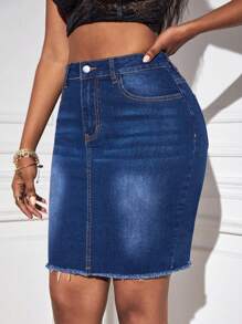 SHEIN SXY 毛邊牛仔半身裙 - 深色水洗藍 - 查看 6