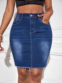 SHEIN SXY 毛邊牛仔半身裙 - 深色水洗藍 - 查看 7