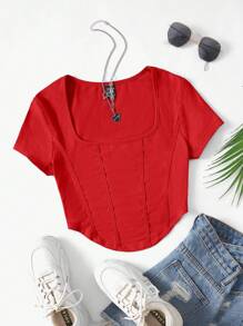 SHEIN EZwear 方領弧形下擺T恤 - 紅色 - 查看 1
