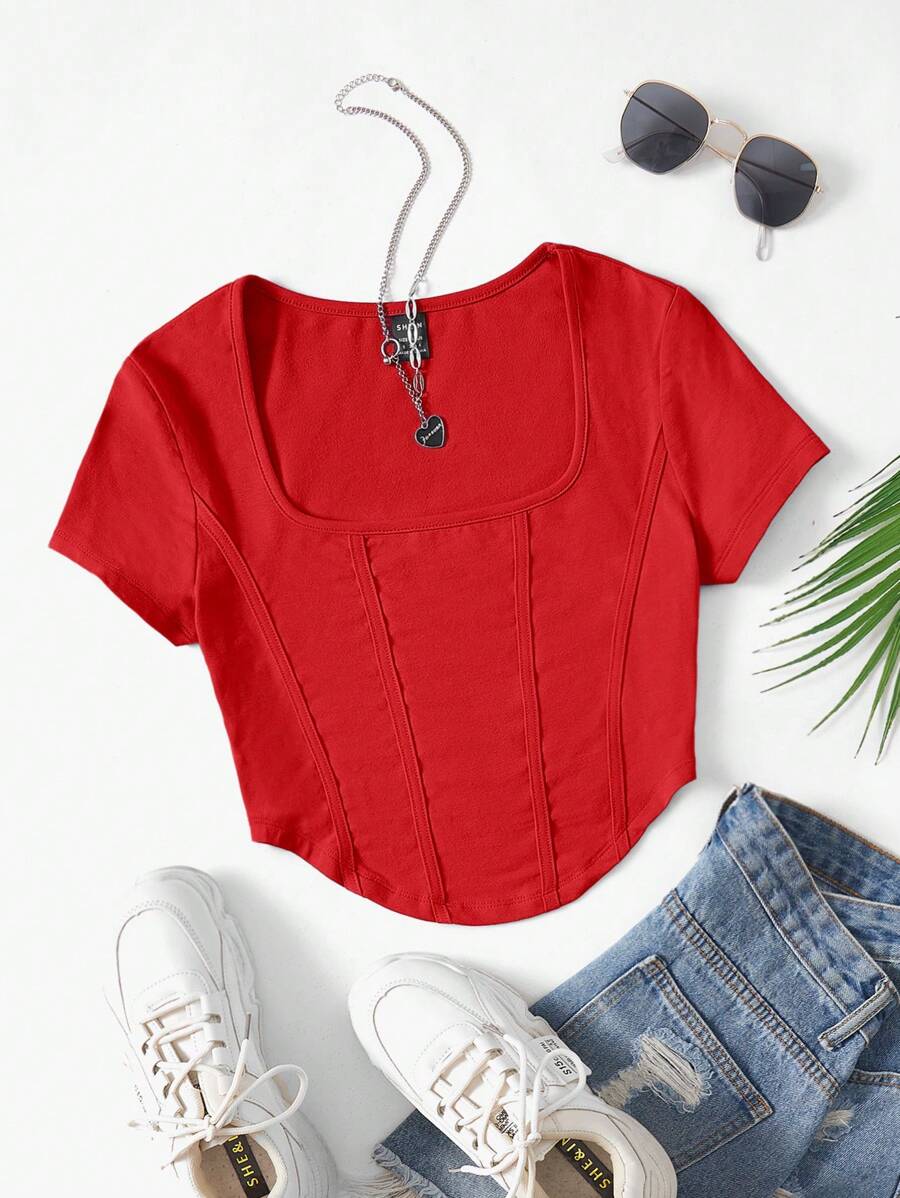 SHEIN EZwear 方領弧形下擺T恤 - 紅色 - 查看 1