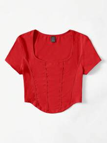 SHEIN EZwear 方領弧形下擺T恤 - 紅色 - 查看 4