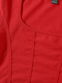 SHEIN EZwear 方領弧形下擺T恤 - 紅色 - 查看 5