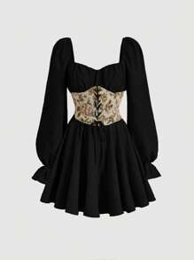 SHEIN MOD 印花前繫帶荷葉袖洋裝