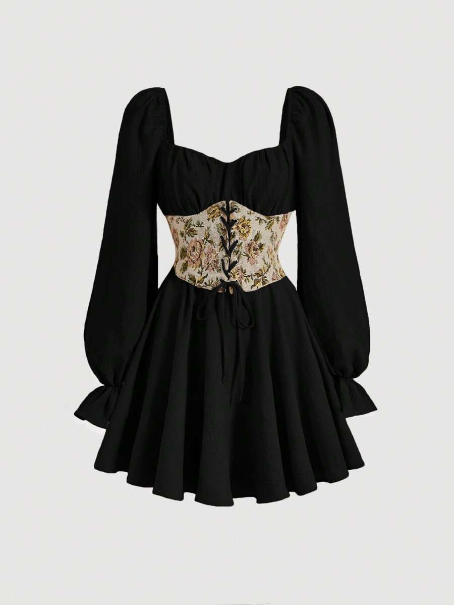 SHEIN MOD 印花前繫帶荷葉袖洋裝