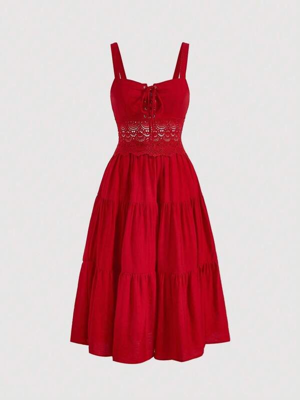 SHEIN MOD Contrast Lace Ruffle Hem Cami Dress