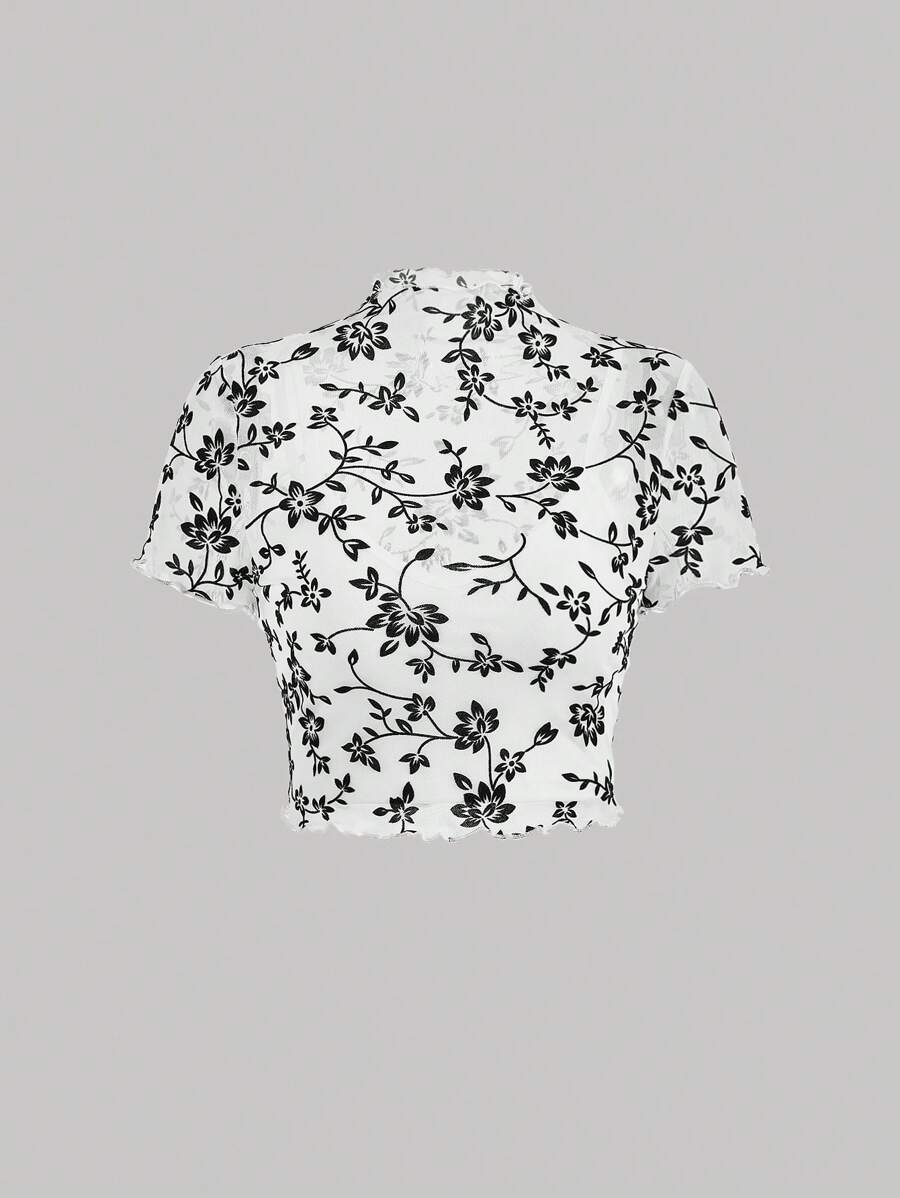 SHEIN MOD 印花小高領網紗上衣 - 黑與白 - 查看 1