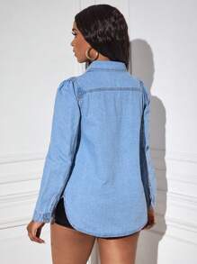 SHEIN SXY Flap Pocket Button Front Denim Shirt - Light Wash - View 2