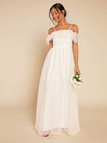 SHEIN Belle Cold Shoulder Ruffle Trim Mesh Overlay Mesh Maxi Wedding Dress - White - View 2