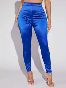 SHEIN SXY High Waist Satin Leggings - Royal Blue - View 1