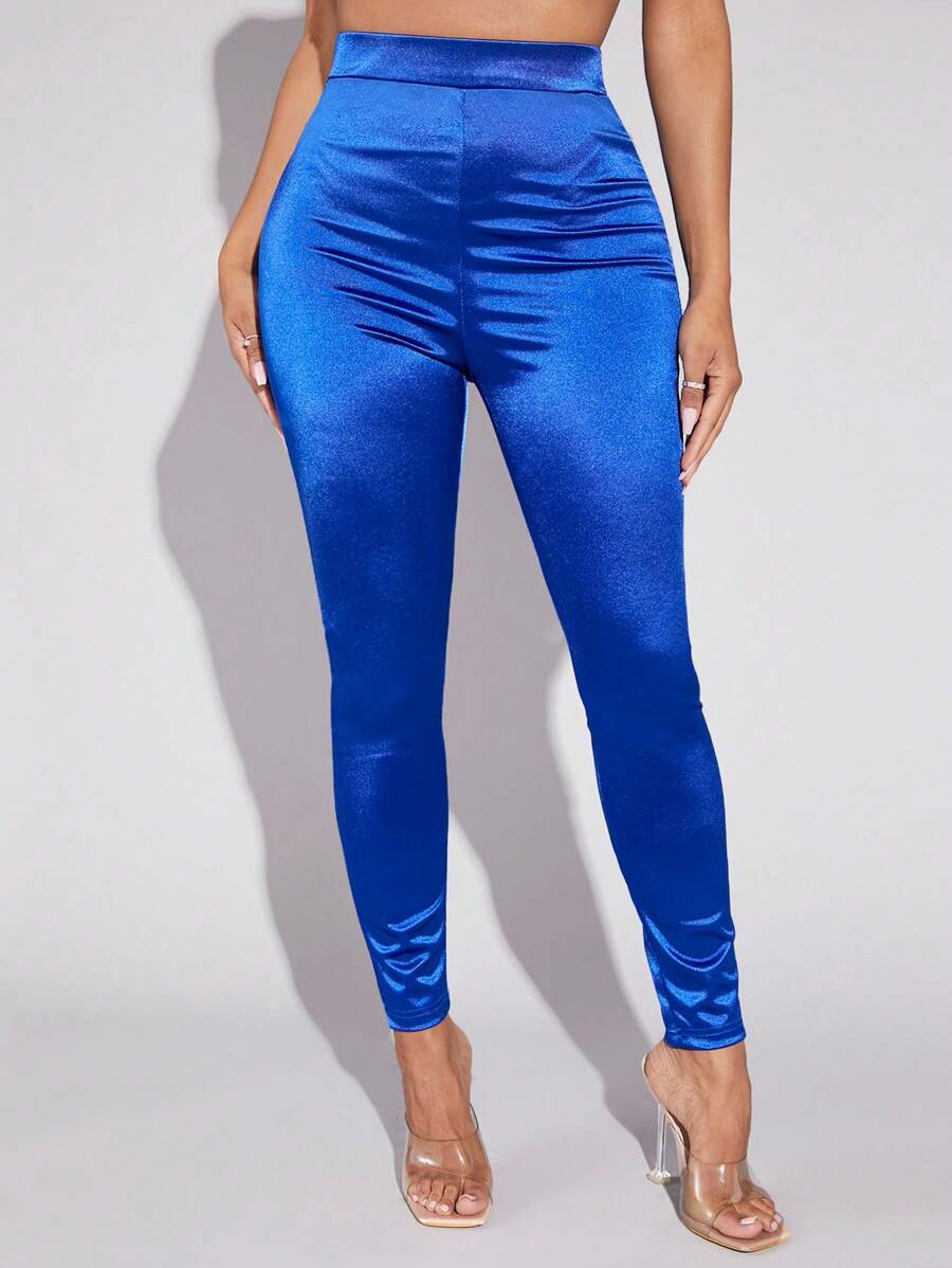 SHEIN SXY High Waist Satin Leggings - Royal Blue - View 1