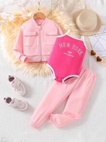 SHEIN 女小童3入組字母圖案吊帶連體褲&夾克和運動褲 - 粉色 - 查看 1