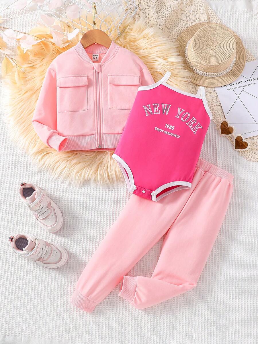 SHEIN 女小童3入組字母圖案吊帶連體褲&夾克和運動褲 - 粉色 - 查看 1