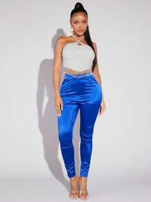 SHEIN SXY High Waist Satin Leggings - Royal Blue - View 3