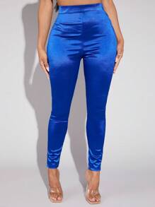 SHEIN SXY High Waist Satin Leggings - Royal Blue - View 4
