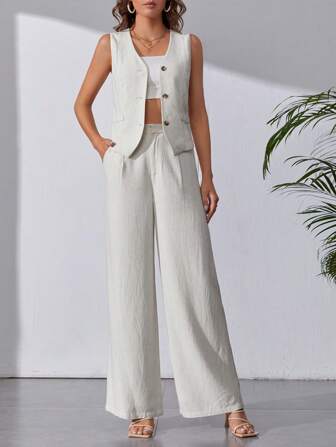 SHEIN Tall 素色馬甲西裝外套&闊腿褲不附抹胸