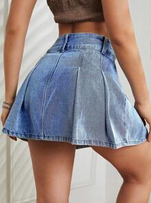 拼接細節牛仔半身裙 - 中等水洗藍 - 查看 2