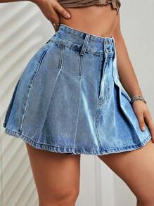 拼接細節牛仔半身裙 - 中等水洗藍 - 查看 4