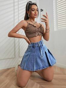 拼接細節牛仔半身裙 - 中等水洗藍 - 查看 5