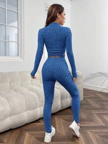 Muchica Mock Neck Crisscross Hem Crop Tee & Leggings - Royal Blue - View 2