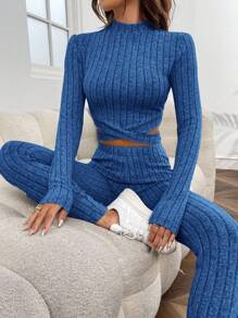 Muchica Mock Neck Crisscross Hem Crop Tee & Leggings - Royal Blue - View 4