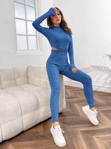 Muchica Mock Neck Crisscross Hem Crop Tee & Leggings - Royal Blue - View 5