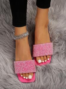 Women Rhinestone Decor Flat Sandals, Glamorous Summer Pink Slide Sandals Valentines - Hot Pink - View 3