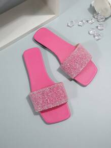 Women Rhinestone Decor Flat Sandals, Glamorous Summer Pink Slide Sandals Valentines - Hot Pink - View 4