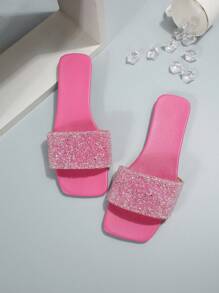 Women Rhinestone Decor Flat Sandals, Glamorous Summer Pink Slide Sandals Valentines - Hot Pink - View 5