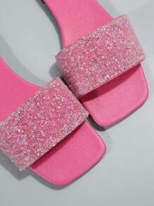 Women Rhinestone Decor Flat Sandals, Glamorous Summer Pink Slide Sandals Valentines - Hot Pink - View 6