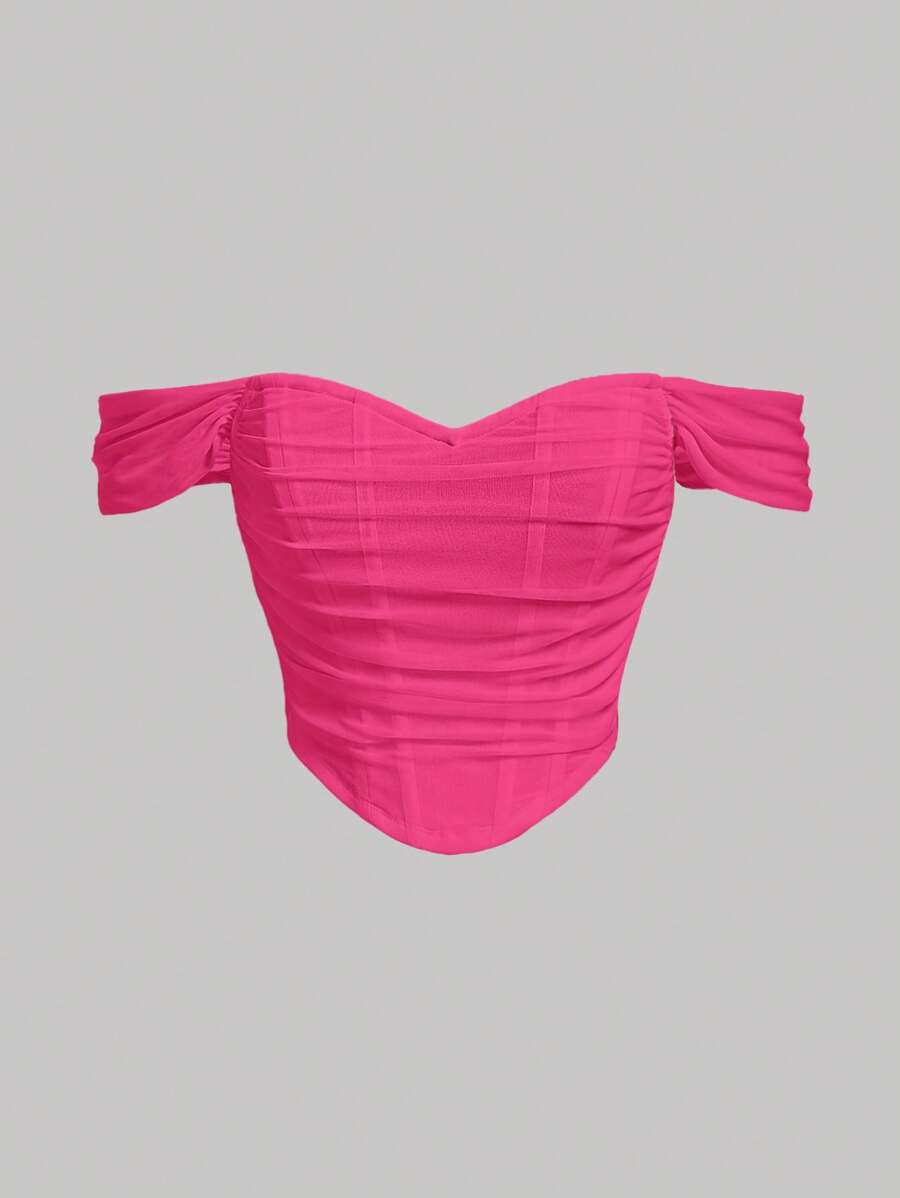 SHEIN MOD Off Shoulder Ruched Bandana Hem Rose Red Shoulder Party Women Dresses Top