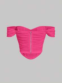 SHEIN MOD Off Shoulder Ruched Bandana Hem Rose Red Shoulder Party Women Dresses Top