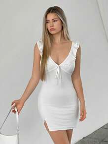 SHEIN EZwear Viền Ruffle Nút phía trước Váy bodycon - trắng - Xem 1