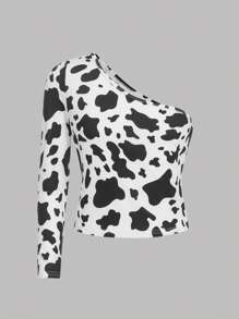 SHEIN Cô gái Tween In hoa bò Một bờ vai Áo thun - Đen và trắng - Xem 1