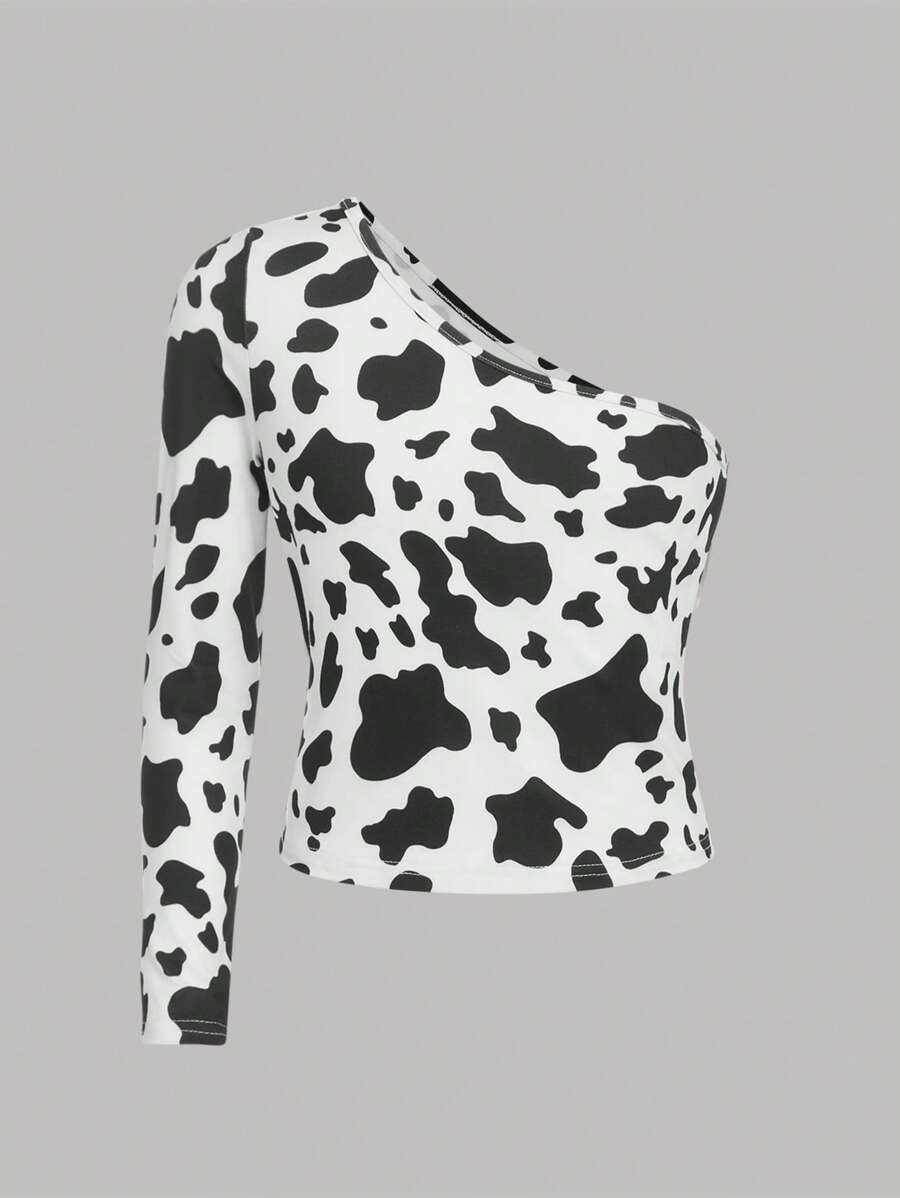 SHEIN Cô gái Tween In hoa bò Một bờ vai Áo thun - Đen và trắng - Xem 1