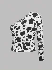 SHEIN Cô gái Tween In hoa bò Một bờ vai Áo thun - Đen và trắng - Xem 2