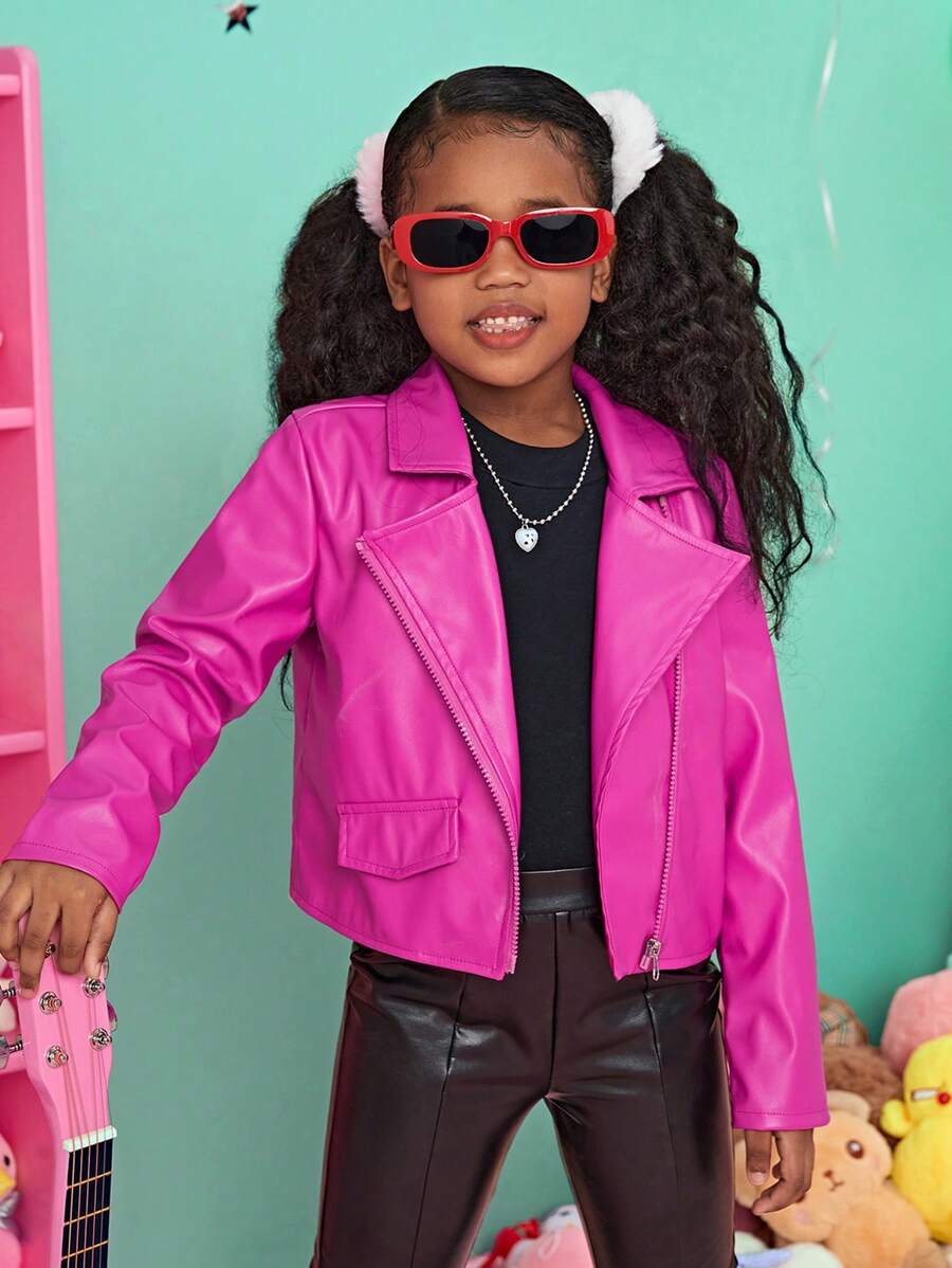 SHEIN Tween Girl Zip Up PU Leather Biker Jacket - Pink - View 1