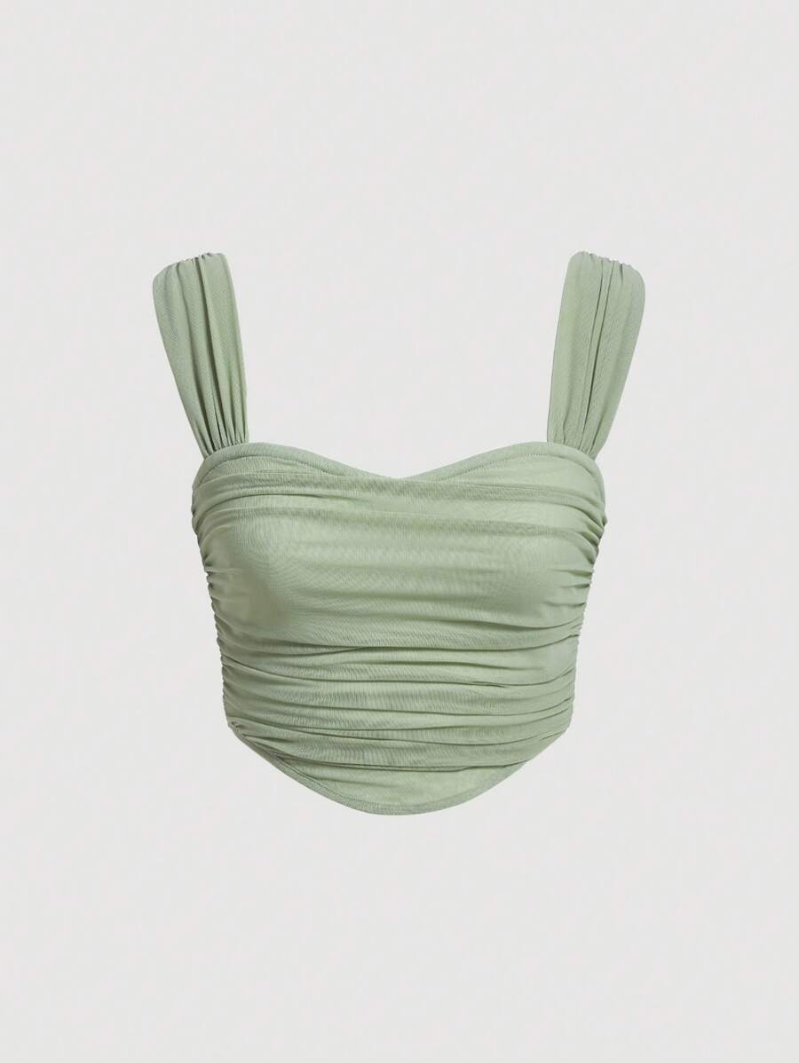 SHEIN MOD 素色褶邊寬背帶上衣 - 薄荷綠 - 查看 1