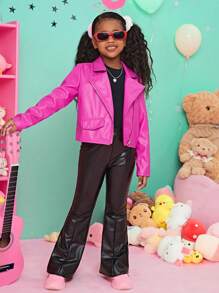 SHEIN Tween Girl Zip Up PU Leather Biker Jacket - Pink - View 4