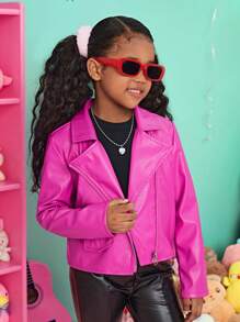 SHEIN Tween Girl Zip Up PU Leather Biker Jacket - Pink - View 5