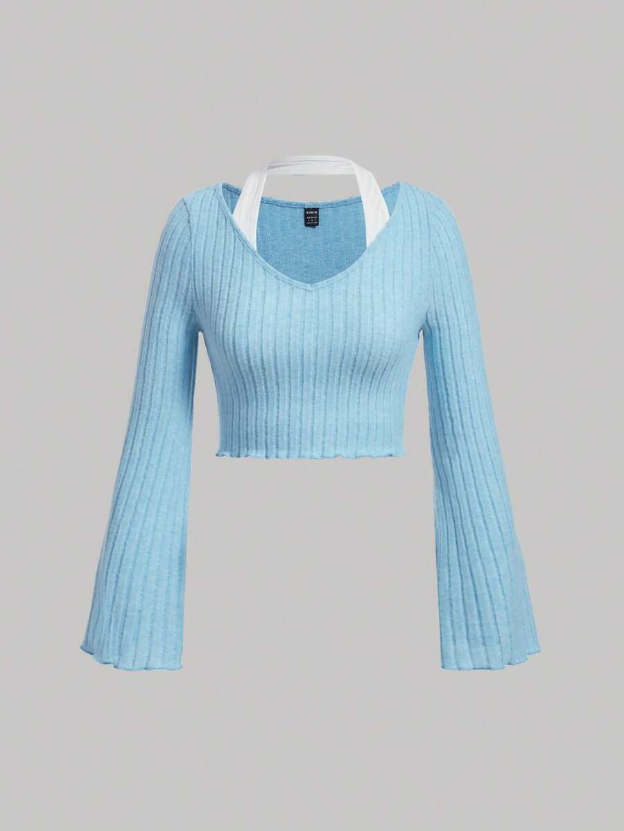 SHEIN MOD Contrast Collar Trumpet Sleeve Crop Tee - Baby Blue - View 1