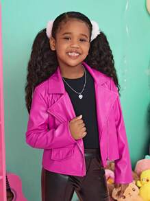 SHEIN Tween Girl Zip Up PU Leather Biker Jacket - Pink - View 6