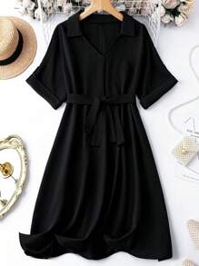 SHEIN Holidaya Plus Solid Belted Dress - Black - View 1