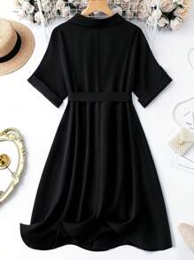 SHEIN Holidaya Plus Solid Belted Dress - Black - View 2