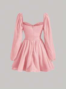 SHEIN MOD Sweetheart Neck Lantern Sleeve Butterfly Breast Cup Ruched Bust Pink Dress - Coral Pink - View 2