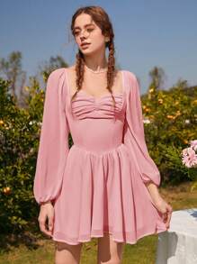 SHEIN MOD Sweetheart Neck Lantern Sleeve Butterfly Breast Cup Ruched Bust Pink Dress - Coral Pink - View 3